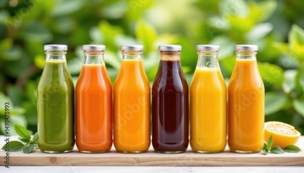 Fototapeta Refreshing juice bottles display urban market beverage photography natural setting close-up view healthy lifestyle