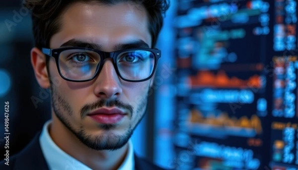 Fototapeta Analyzing market trends financial analyst insights corporate office portrait modern environment close-up professionalism