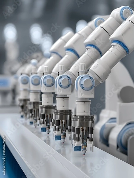 Fototapeta Automated Robotic Assembly Line in Modern Factory Close Up. A detailed image showcasing the precision and efficiency of industrial robotic arms performing assembly tasks.
