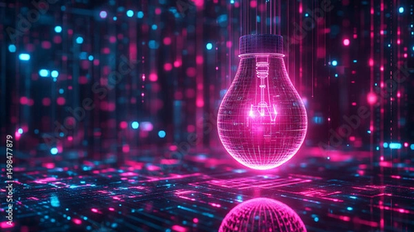 Fototapeta A glowing lightbulb symbolizes innovation and new product development in a business context, set against a blurred background with tech-inspired tones. The image conveys creativity, breakthrough ideas