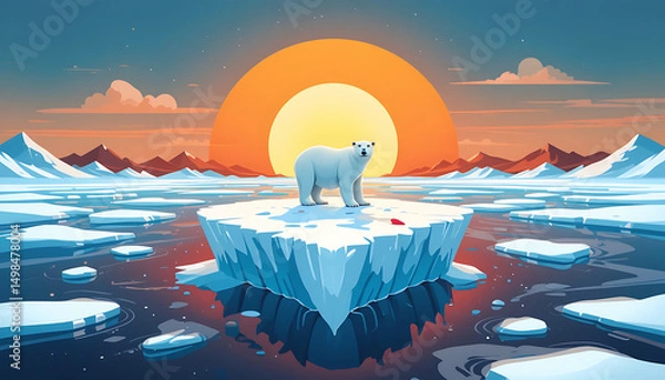 Fototapeta "A vector illustration illustrating climate change: melting ice and a rising sun over Earth. For example, a polar bear on a small melting ice floe or a thermometer icon overlay on the globe. 