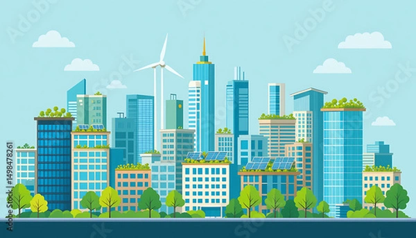 Fototapeta A vector illustration of a modern city skyline with eco-friendly features: buildings with rooftop gardens, solar panels, and wind turbines. Flat design style with green and blue colors.