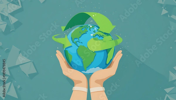 Fototapeta recycling, earth, sustainability, green, environment, globe, planet, vector, flat design, arrows, reduce reuse recycle, conservation, nature, environmental, waste, recycle symbol, eco-friendly, earth 