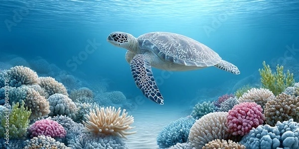 Fototapeta A clean ocean scene with coral reefs restored and turtles swimming