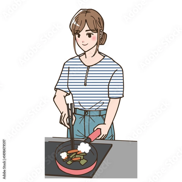Fototapeta アニメ風の自炊をしている若い女性のイラストセット