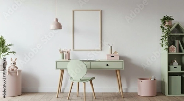 Obraz Pastel Green Kids Study Desk Setup with Bookshelf and Plants, Ideal for Home Office Decor