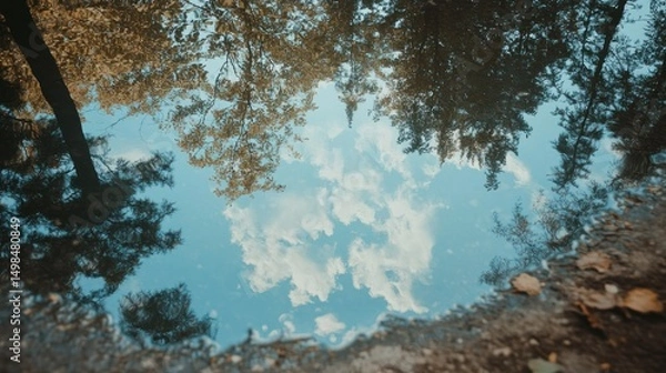 Fototapeta Sky reflection in puddle trees silhouette nature photography calm water surface