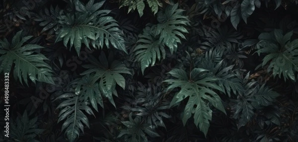 Fototapeta Intricate, dark foliage pattern  Exotic leaves create a lush, mysterious design , wallpaper, complex