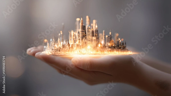 Fototapeta Miniature Glowing Cityscape Held Gently in Human Hands with Bokeh Lights

