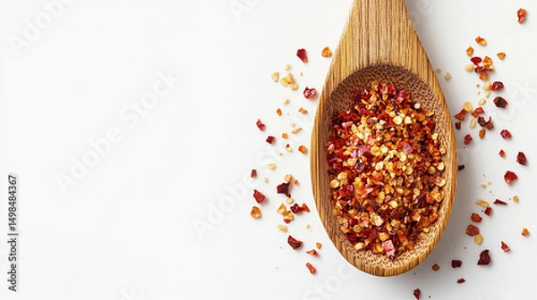 Fototapeta Dried chili flakes rest on a wooden spoon against a clean white background with copy space on the left side. Selective focus highlights the vibrant red color and textured surface, symbolizing spice an