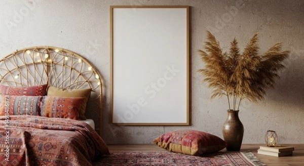 Obraz Boho Bedroom Decor Inspiration Mockup featuring a rattan headboard, pampas grass, and a large blank canvas for design ideas.