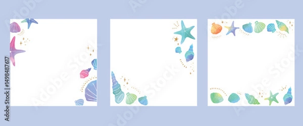 Obraz 水彩の貝殻を散りばめた正方形のフレームセット