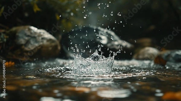 Fototapeta Water Droplet Splashing in Creek Nature Scene Tranquil River Flowing Water Drops Crystal Clear Fresh Pure Water Background Image High Resolution Photography eco rock dark
