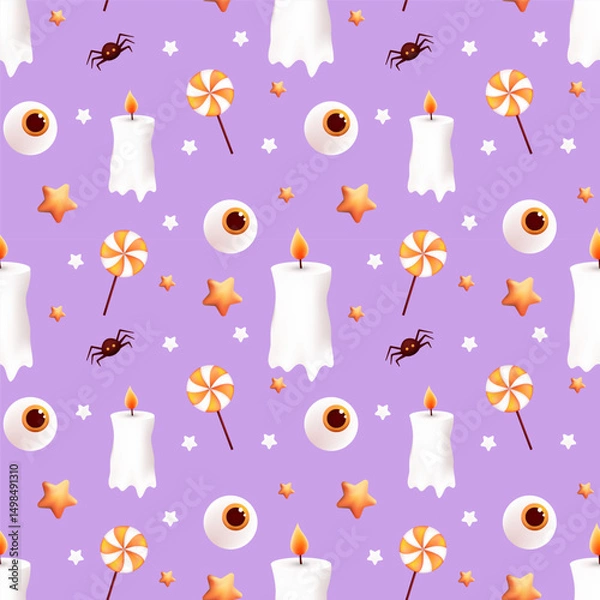 Fototapeta Happy Halloween seamless pattern. Candle, lollipop, eye, spider. Holiday vector illustration