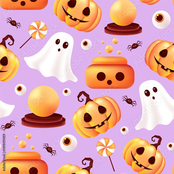 Fototapeta Happy Halloween seamless pattern. Scary pumpkin, ghost, magic ball, potion. Holiday vector illustration