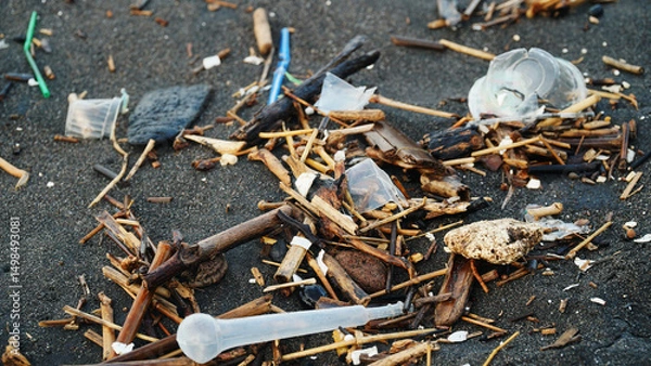 Obraz Garbage is scattered on the beach sand