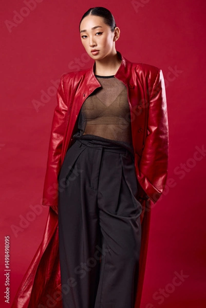 Fototapeta Fashion asian woman in red leather jacket and black pants posing against red background with hands on hips