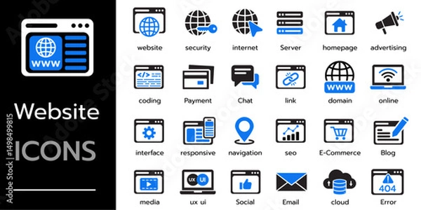Obraz Website icon set. Containing web design, internet, network, SEO, social, server, homepage and e-commerce icon. Solid vector icons collection.
