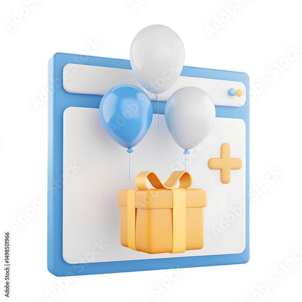 Fototapeta A 3D-style icon of A group of balloons floating in mid-air, holding a gift box below., isometric perspective, transparent background PNG
