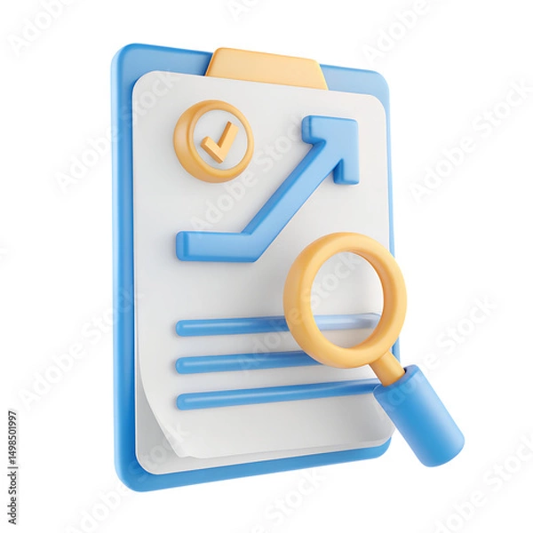 Fototapeta A 3D-style icon of a loan application status icon with document, magnifying glass, and progress bar