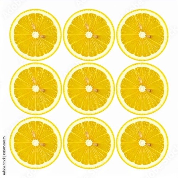 Obraz Juicy Lemon Slices Arranged in Overlapping Pattern with Juice Droplets on Isolated White Background