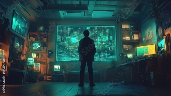 Fototapeta Person observing futuristic digital cityscape on large screen in tech room