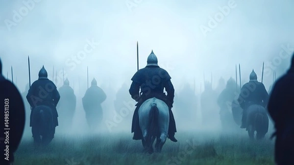 Fototapeta Medieval warriors charging through the mist in a cinematic battle reenactment