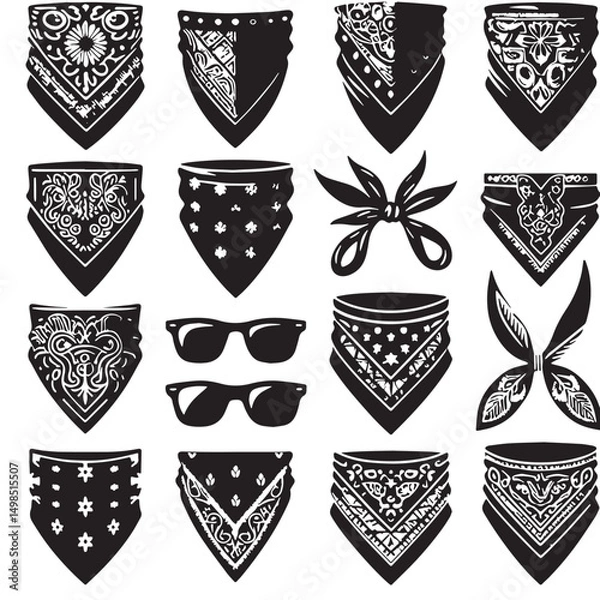 Fototapeta Black Color Bandana Silhouette Vector Illustration, Solid White Background. minimal vector design