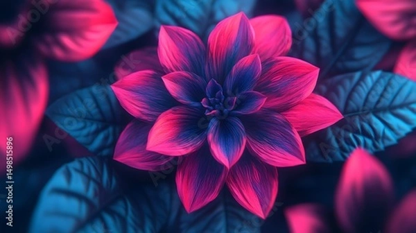 Fototapeta Neon-glowing fantasy flower in vibrant pink and blue