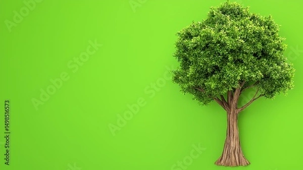Fototapeta Pixel art tree with lush green leaves and a textured brown trunk stands against a solid bright green background. The image is clean, simple, and evokes a sense of nature and environmental themes.