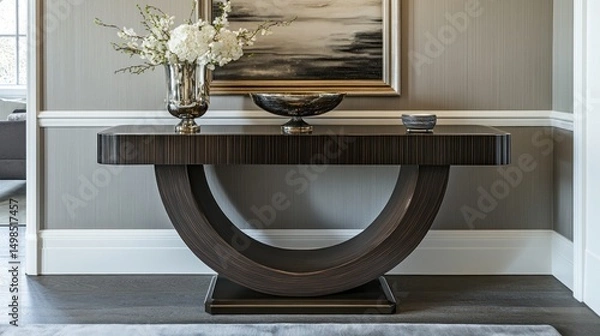 Fototapeta Elegant dark brown console table with curved base home decor