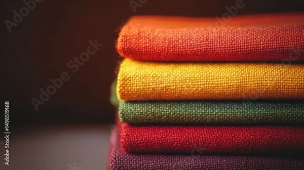 Fototapeta Colorful fabric swatches stack warm hues textured surface close up view