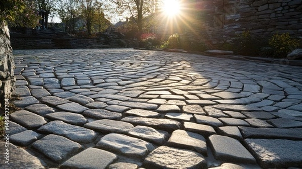 Fototapeta Cobblestone pavement texture sunlight circular pattern gray brown stones