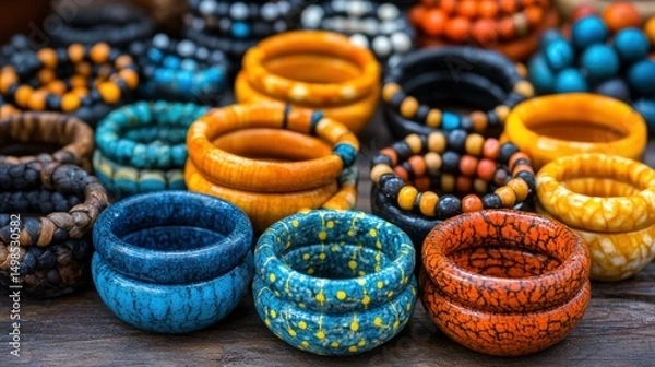 Obraz Vibrant handcrafted bracelets and rings, various colors and patterns