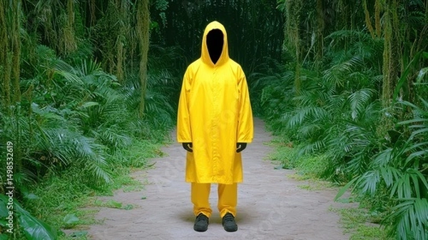 Fototapeta Person in a yellow raincoat standing on a path in a lush green forest. The figure is faceless and the overall mood is mysterious and somewhat ominous.