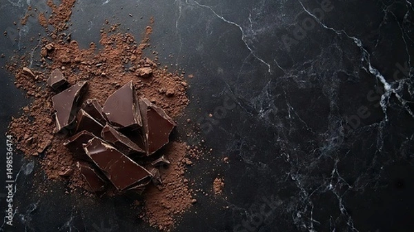 Fototapeta Dark Chocolate Chunks with Cocoa Powder on Dark Marble Background