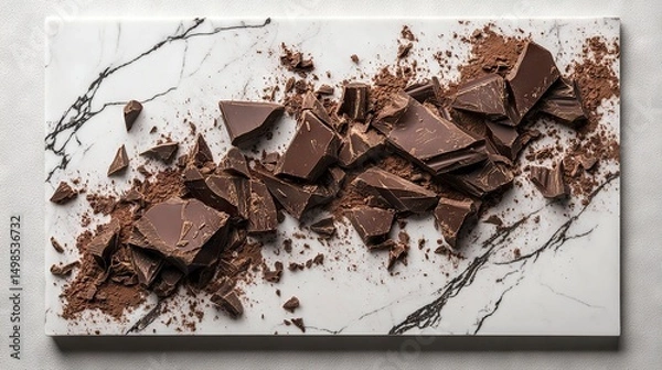 Fototapeta Delicious Dark Chocolate Chunks with Cocoa Powder on Marble Surface