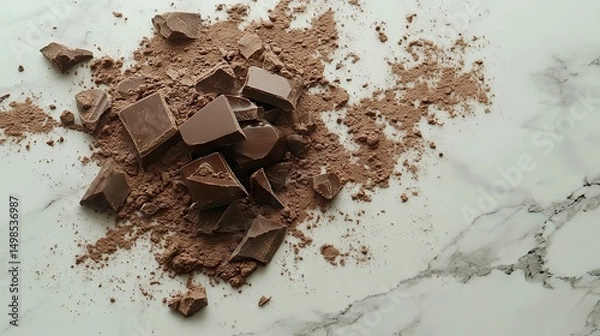 Fototapeta Chocolate Pieces and Cocoa Powder Scattered on a Marble Surface