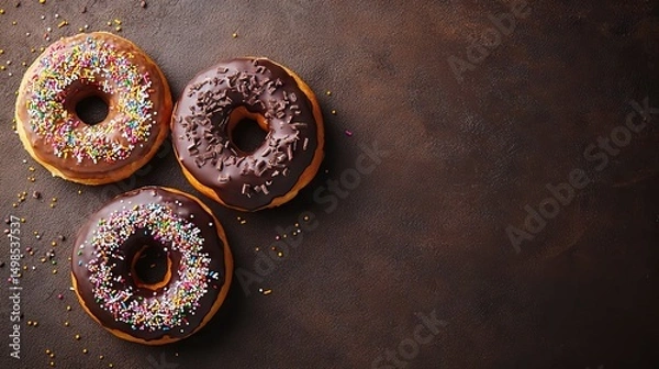 Fototapeta Delicious Assorted Donuts with Chocolate and Sprinkles on Dark Background