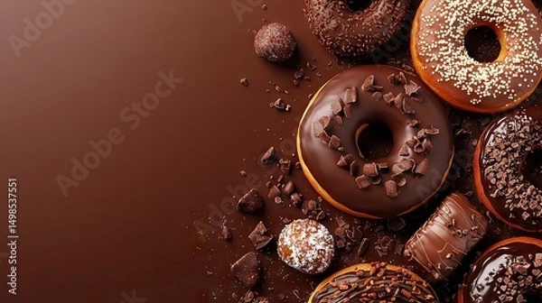 Fototapeta Delicious Chocolate Donuts and Truffles on Brown Background Flat Lay