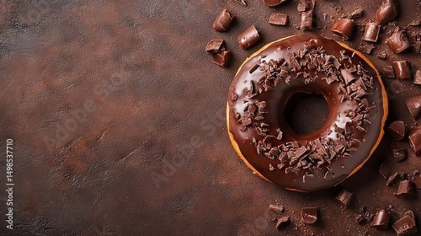 Fototapeta Delicious Chocolate Donut with Chocolate Shavings on Brown Textured Background