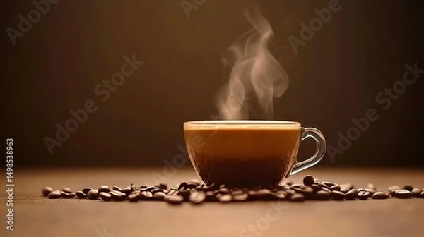 Fototapeta Steaming Cup of Coffee Surrounded by Roasted Beans on Brown Background