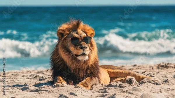 Fototapeta A cool lion in sunglasses lounging on a sandy beach, the ocean waves crashing in the background.