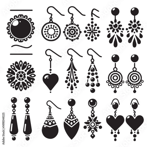 Fototapeta Black Color Earrings Silhouette Vector Illustration, Solid White Background. minimal vector design