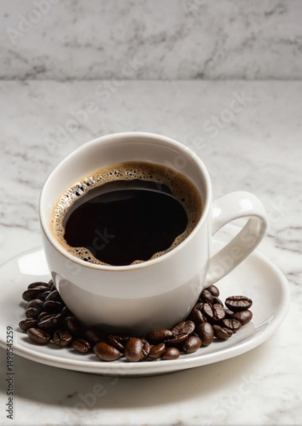 Obraz  Aromatic black coffee in white cup surrounded by roasted coffee beans