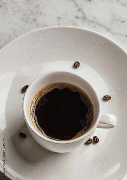 Obraz  Aromatic black coffee in white cup surrounded by roasted coffee beans