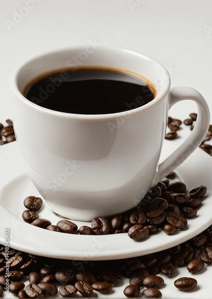 Obraz  Aromatic black coffee in white cup surrounded by roasted coffee beans
