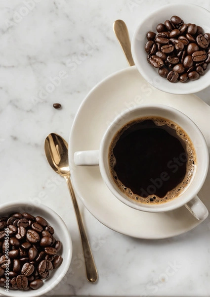 Obraz  Aromatic black coffee in white cup surrounded by roasted coffee beans