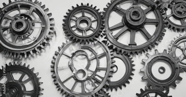 Obraz Clean white background, black outlined technical drawings of gears and cogs , photo, template