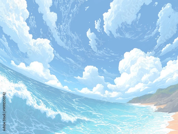 Obraz 夏の青空と入道雲が広がる海辺の風景イラスト アニメ風 爽やかなビーチ 背景